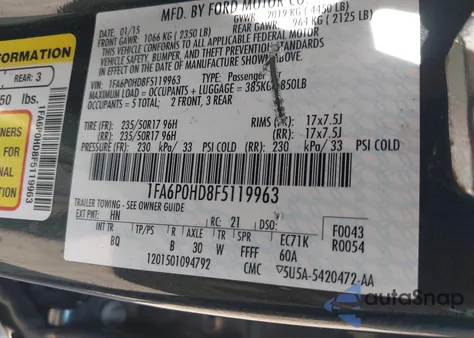 2015 Ford Fusion Se из США, поврежденный, VIN 1FA6P0HD8F5119963